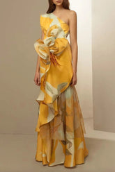 Envío en 24 horas/Elegante vestido de noche con cuello oblicuo y volantes florales